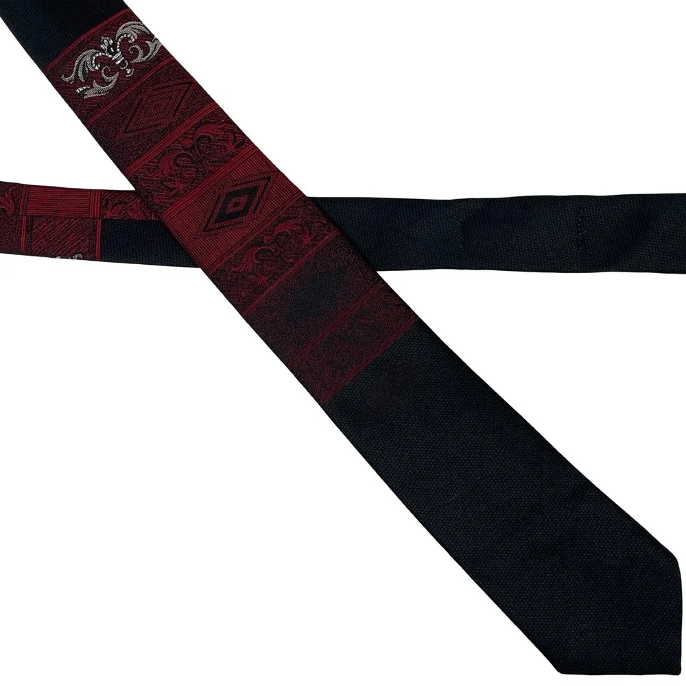 Vintage City Streets Skinny Necktie Tie Black Burgundy Fleur De Lis Geometric